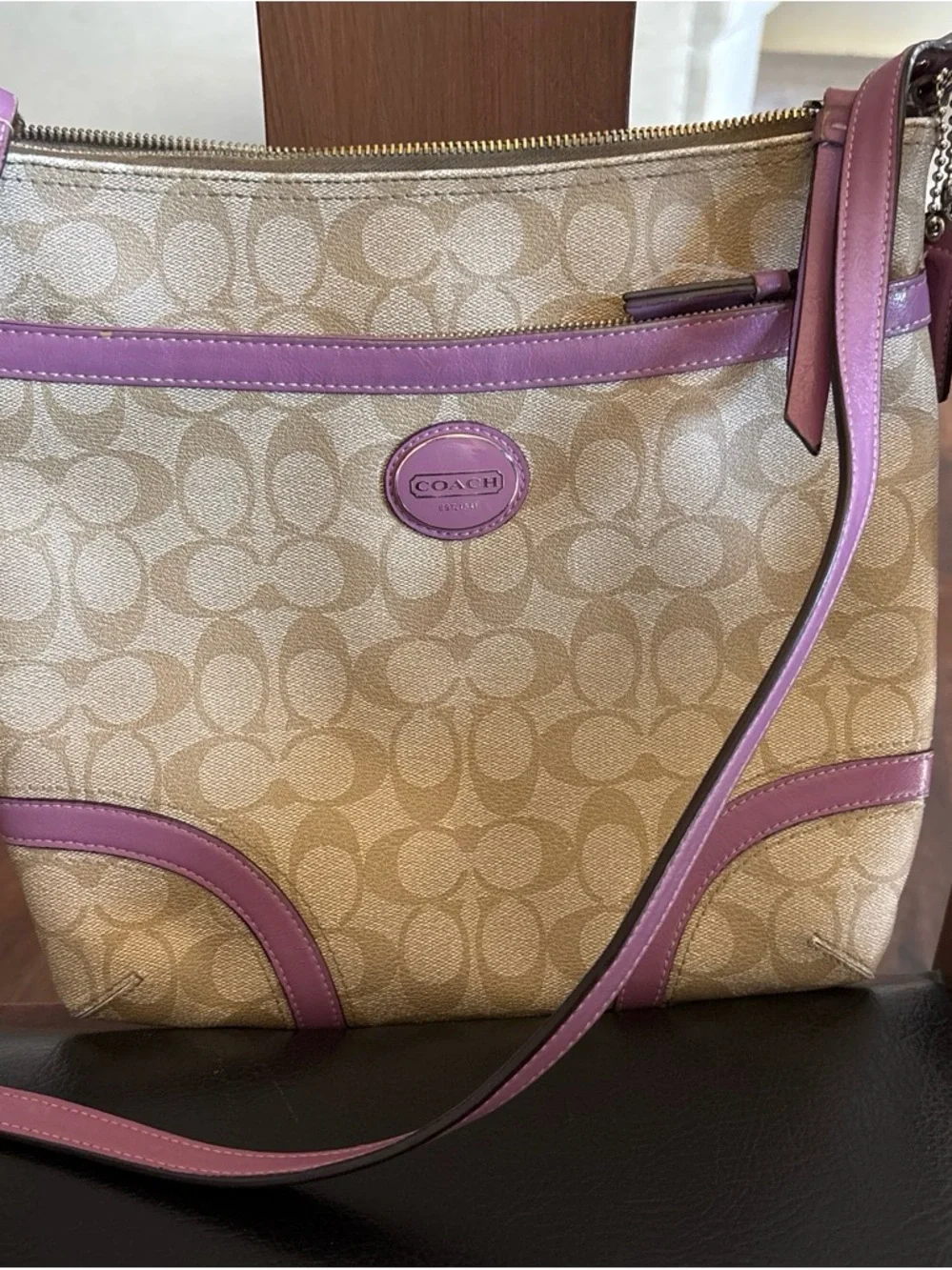 Coach Beige Signature Canvas Shoulder Bag with Pink Trim
